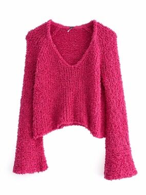 Free People Popcorn Knit Cropped Bell Sleeve Sweater Pink Boho